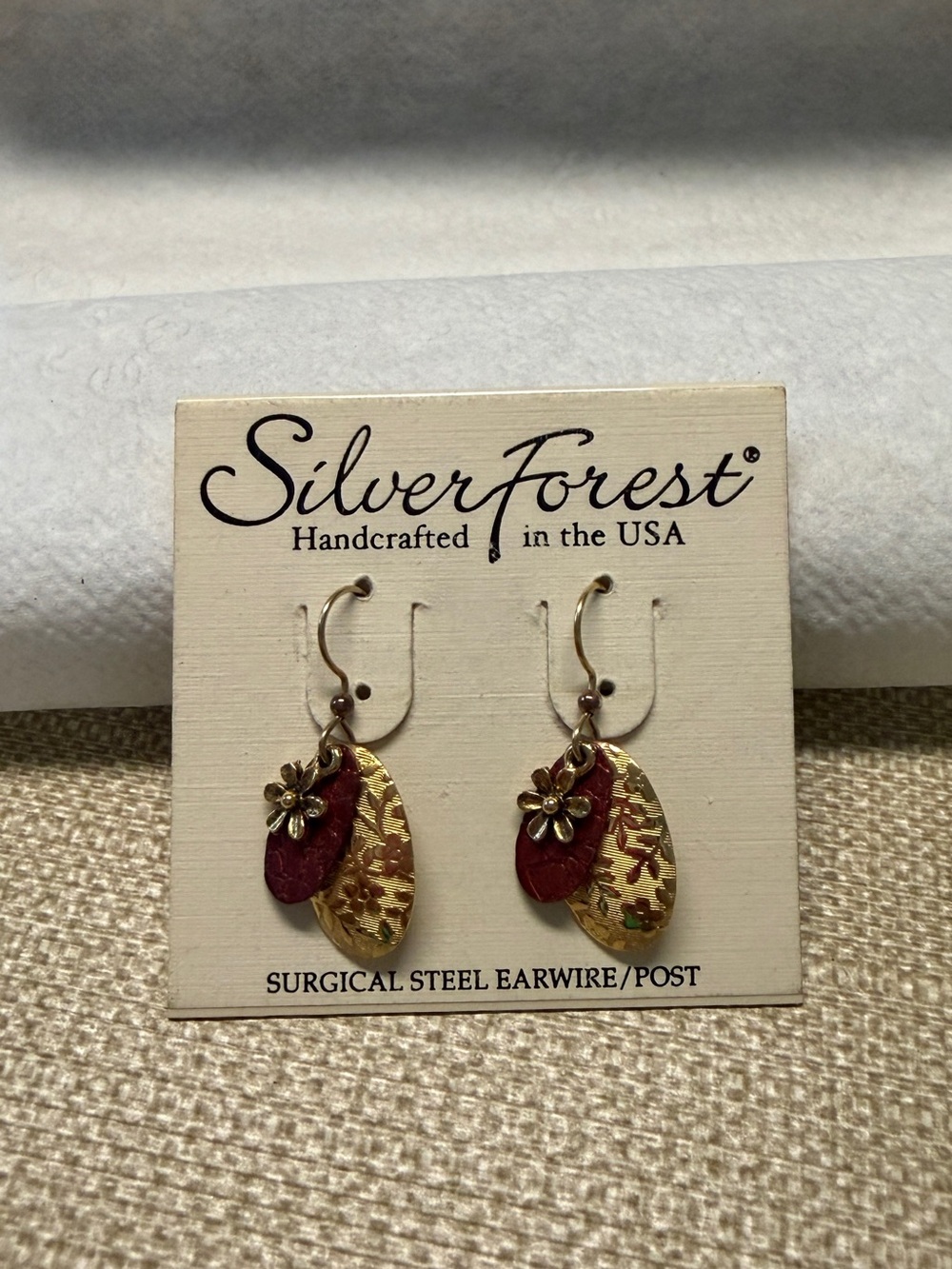 Silver Forest Red and Gold Layered Floral Drop Earrings